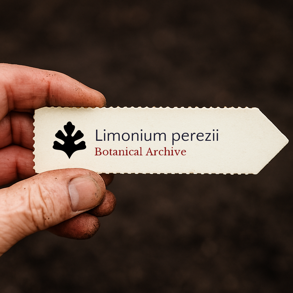 Etichetta per pianta stampata per Limonium perezii tenuta da mano sporca su sfondo di terreno