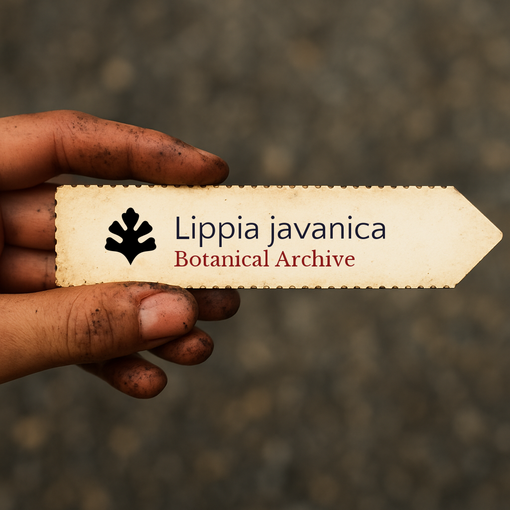 Printed plant label for Lippia javanica held by dirty hand on blurred background