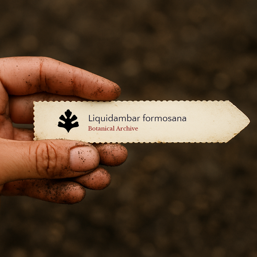 Printed plant label for Liquidambar formosana held by dirty hand over soil background