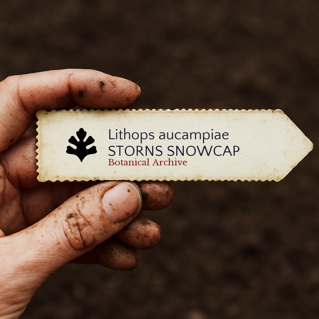 Printed plant label for Lithops aucampiae in a hand with soil background