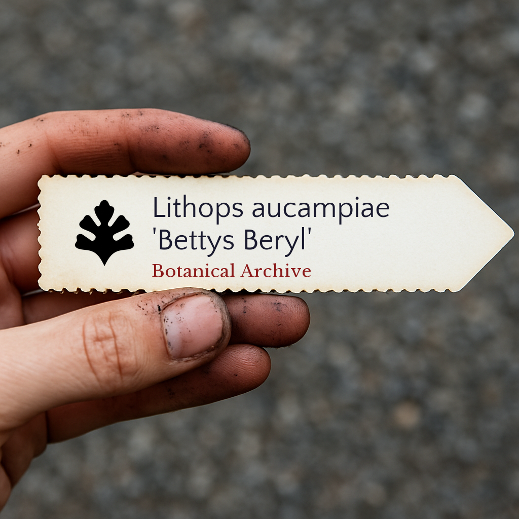 Etichetta per pianta stampata per Lithops aucampiae 'Bettys Beryl' tenuta da mano sporca all'aperto