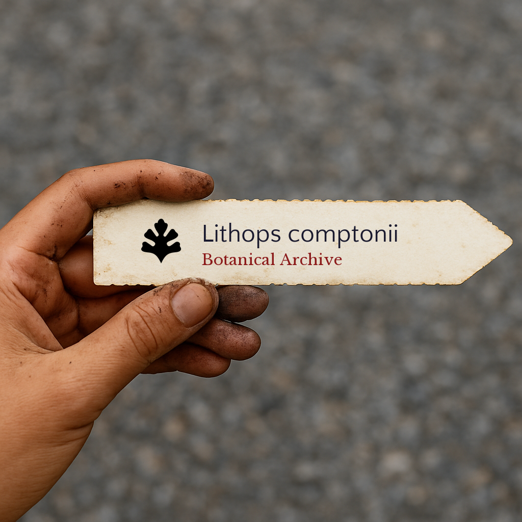 Printed plant label for Lithops comptonii held in hand with dirt on fingers