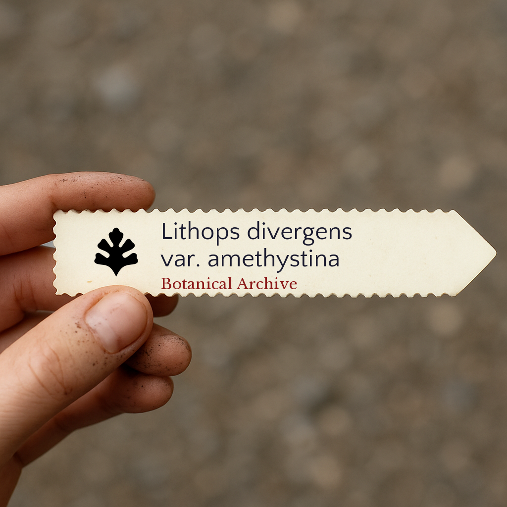 Etichetta stampata per pianta di Lithops divergens var. amethystina tenuta a mano con sfondo di terra