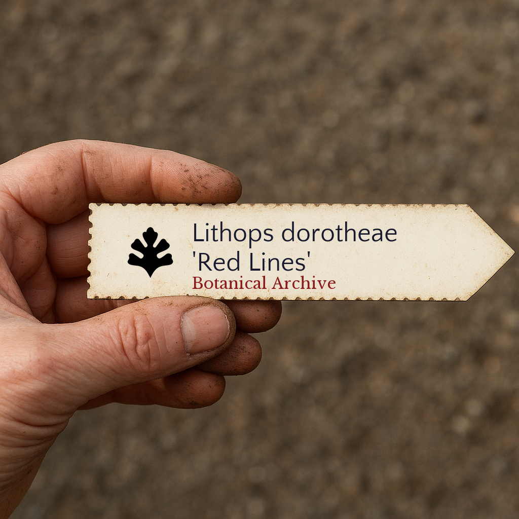 Printed plant label for Lithops dorotheae 'Red Lines' held in gardener's hand