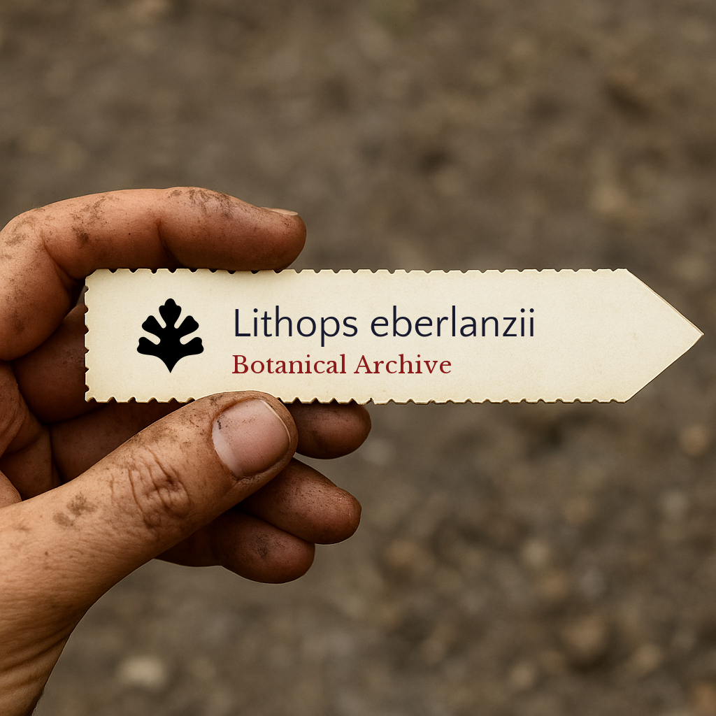 Printed plant label for Lithops eberlanzii held by dirty hand outdoors
