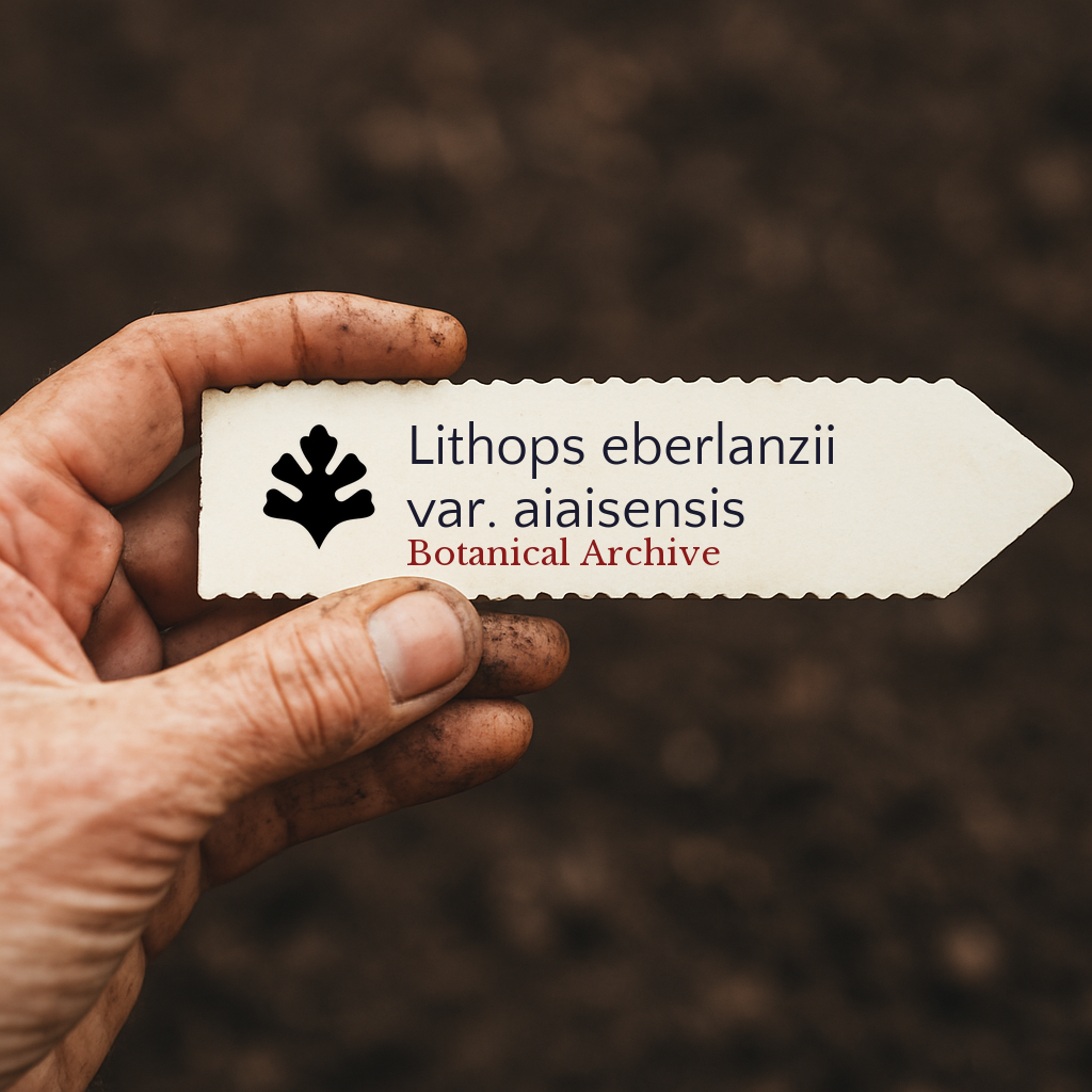 Etichetta stampata per pianta di Lithops eberlanzii var. aiaisensis tenuta dalla mano del giardiniere con sfondo di terreno