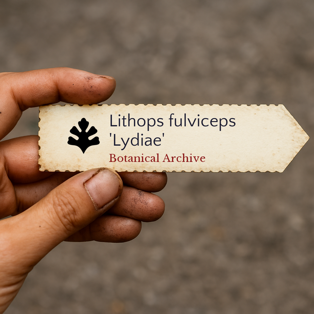 Printed plant label for Lithops fulviceps 'Lydiae' held by hand with dirt background