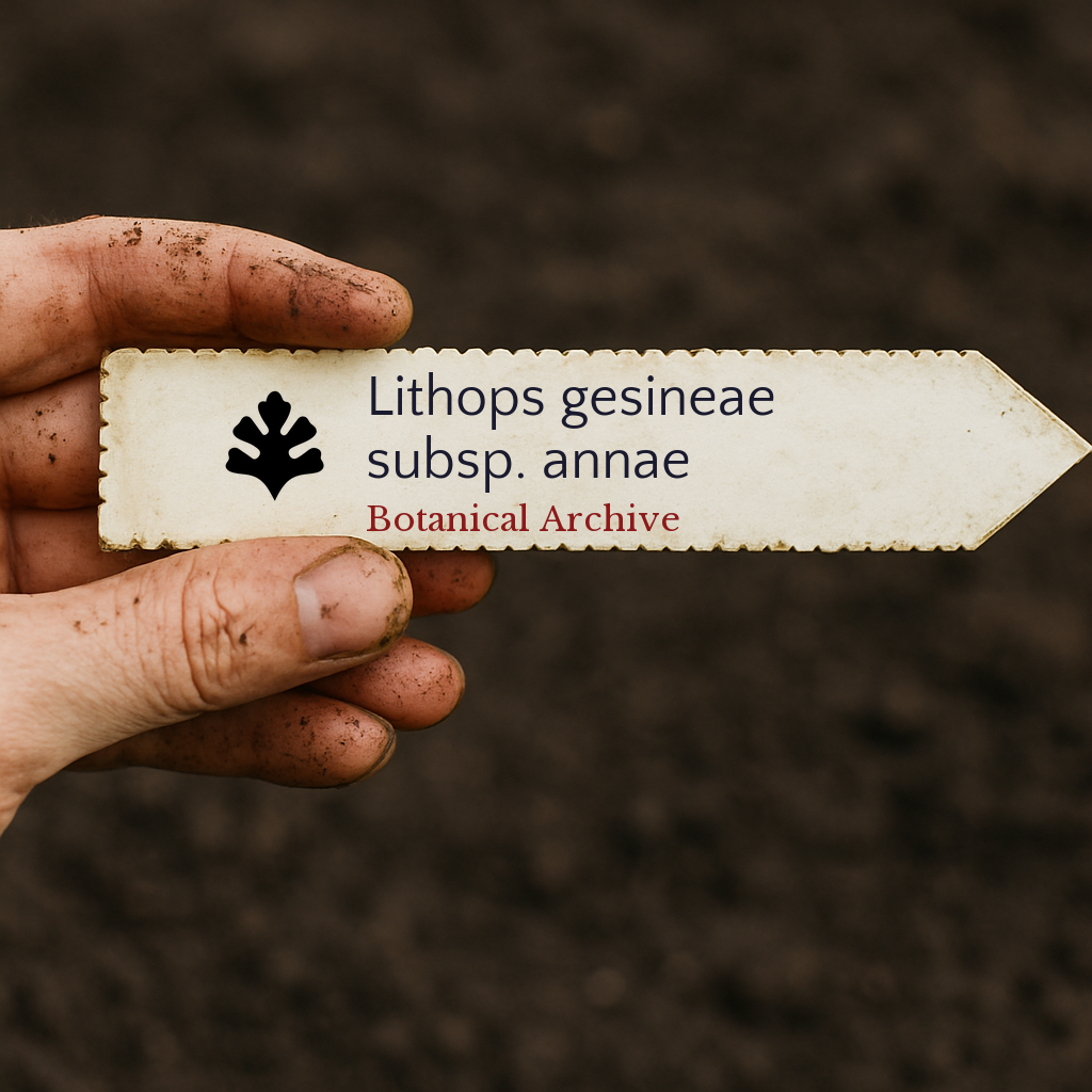 Etichetta stampata per pianta Lithops gesineae subsp. annae tenuta in mano sporca su sfondo di terreno