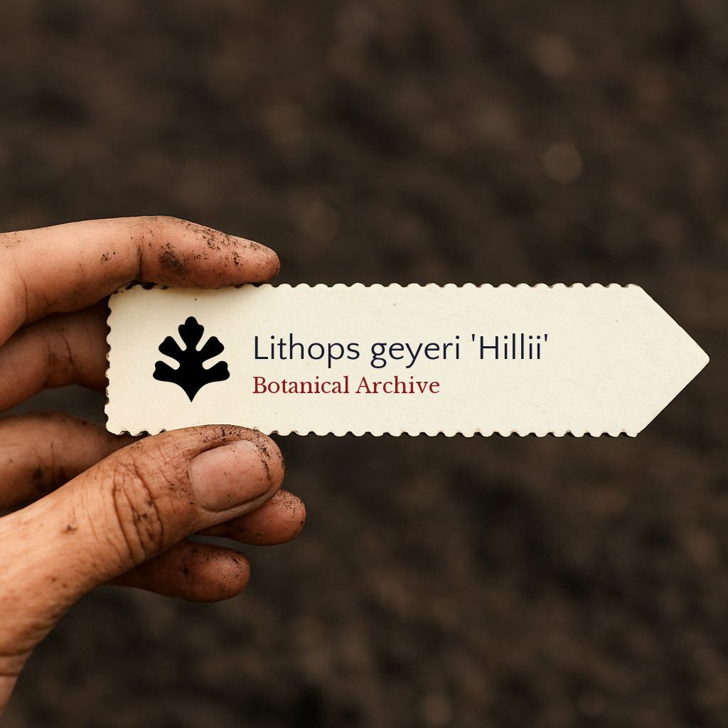 Etichetta stampata per pianta di Lithops geyeri 'Hillii' tenuta da mano sporca su sfondo di terreno