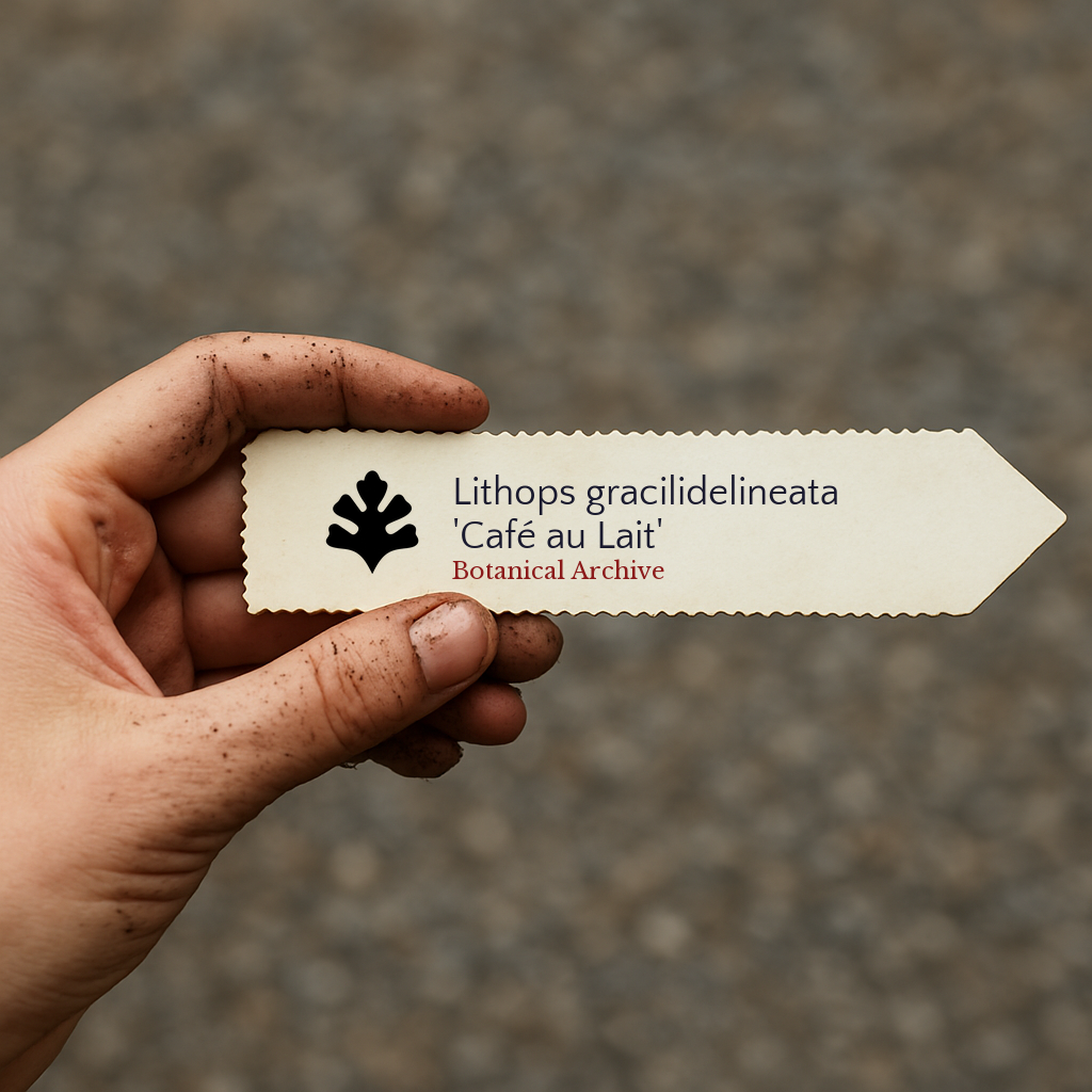 Printed plant label for Lithops gracilidelineata 'Café au Lait' held by dirty hand