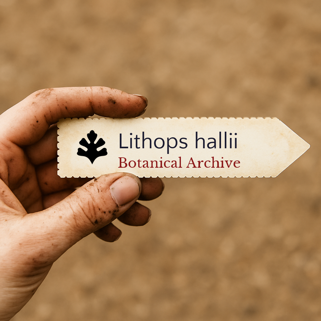 Printed plant label for Lithops hallii held by dirty hand against soil background