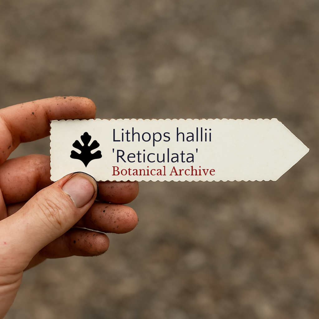 Printed plant label for Lithops hallii 'Reticulata' held by hand with soil background