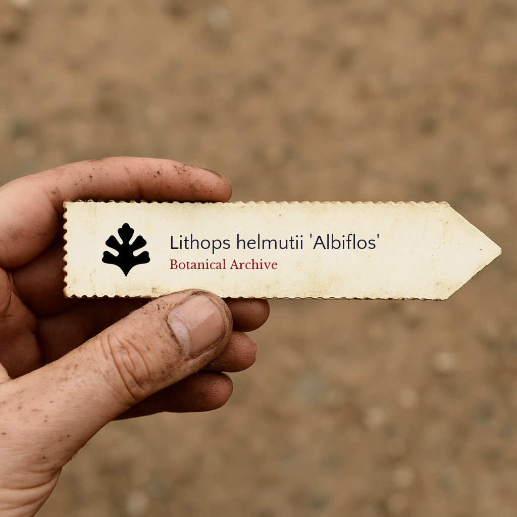 Etichetta per pianta stampata per Lithops helmutii 'Albiflos' tenuta da mano sporca all'aperto