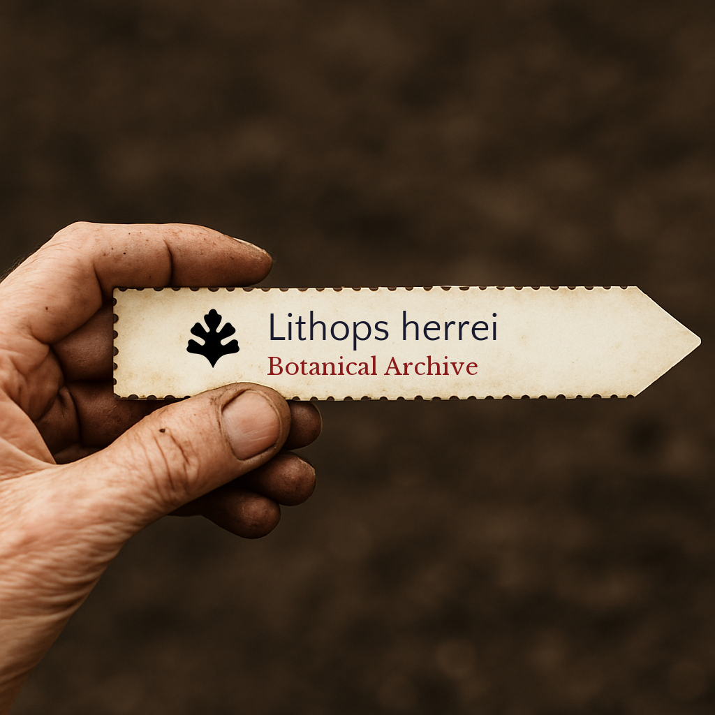 Printed plant label for Lithops herrei held by hand with blurred soil background