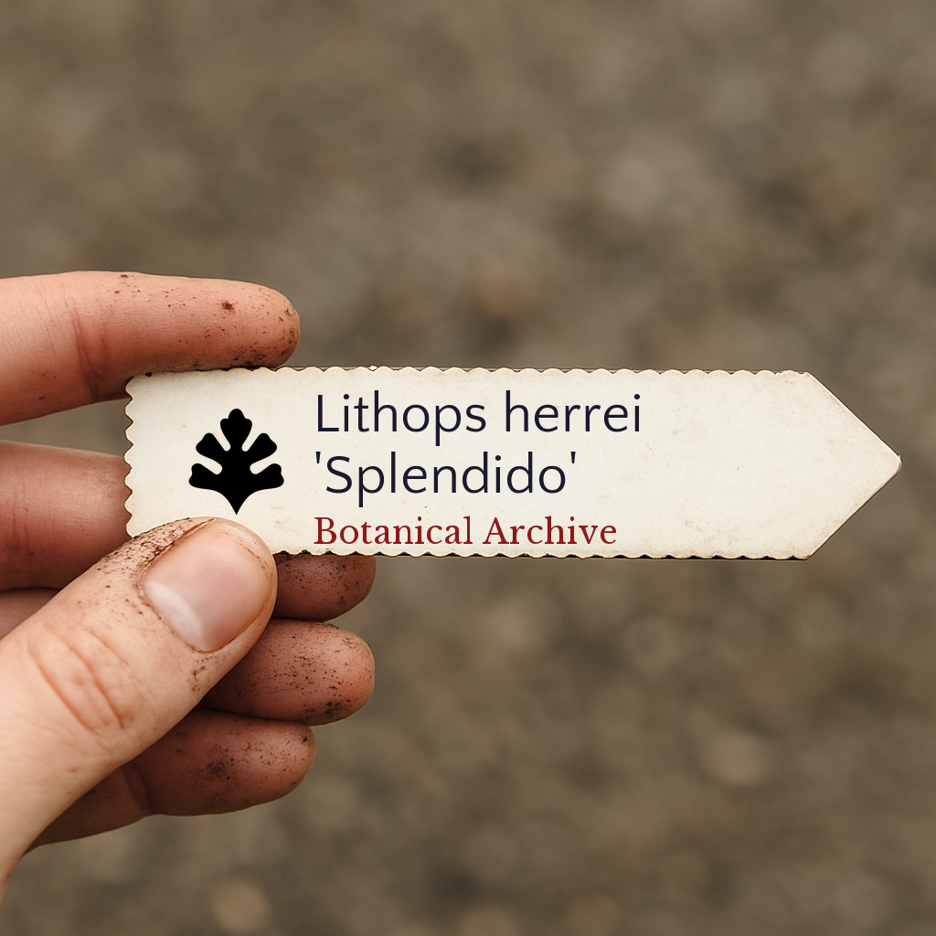 Printed plant label for Lithops herrei 'Splendido' held by dirt-covered hand