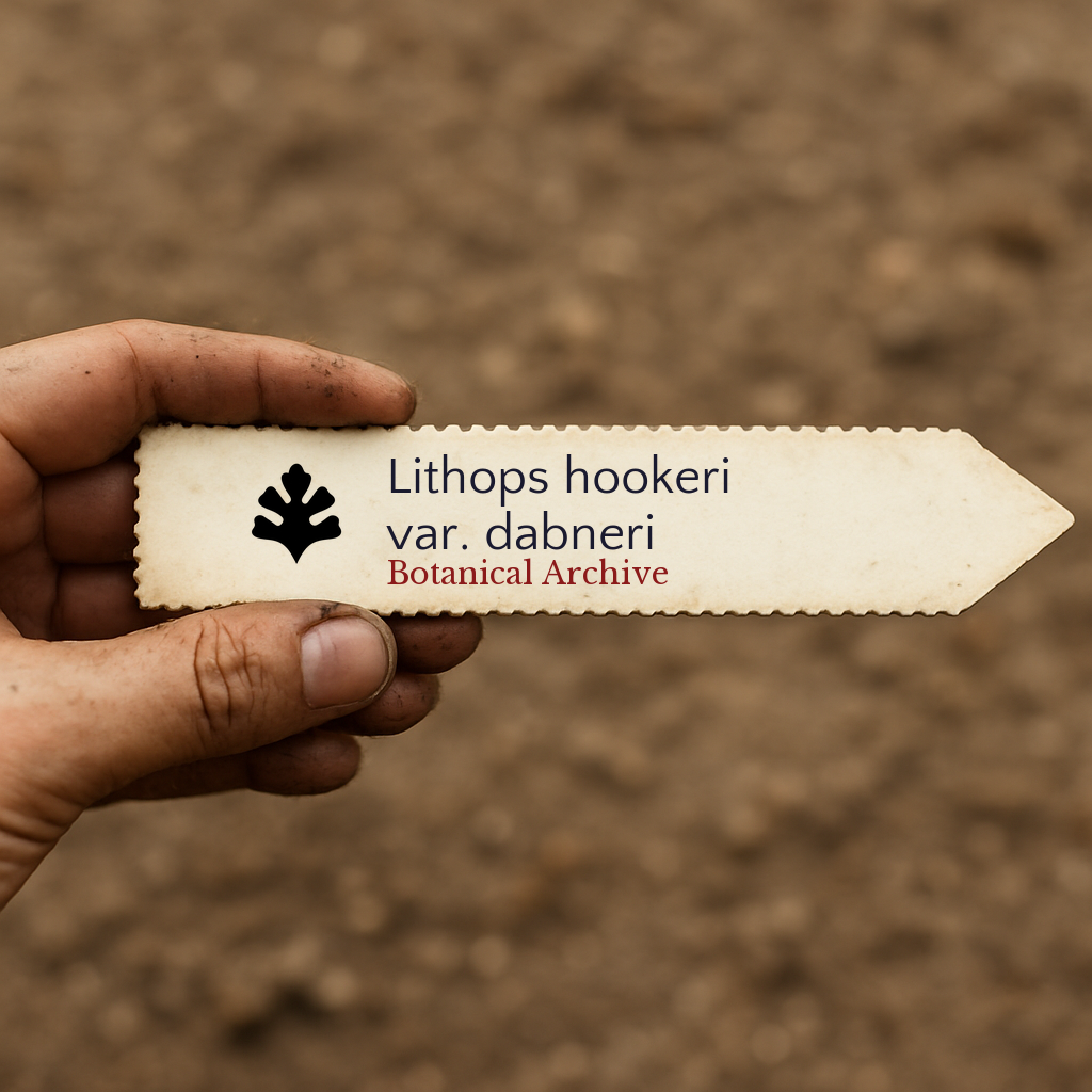 Printed plant label for Lithops hookeri var. dabneri held over soil background