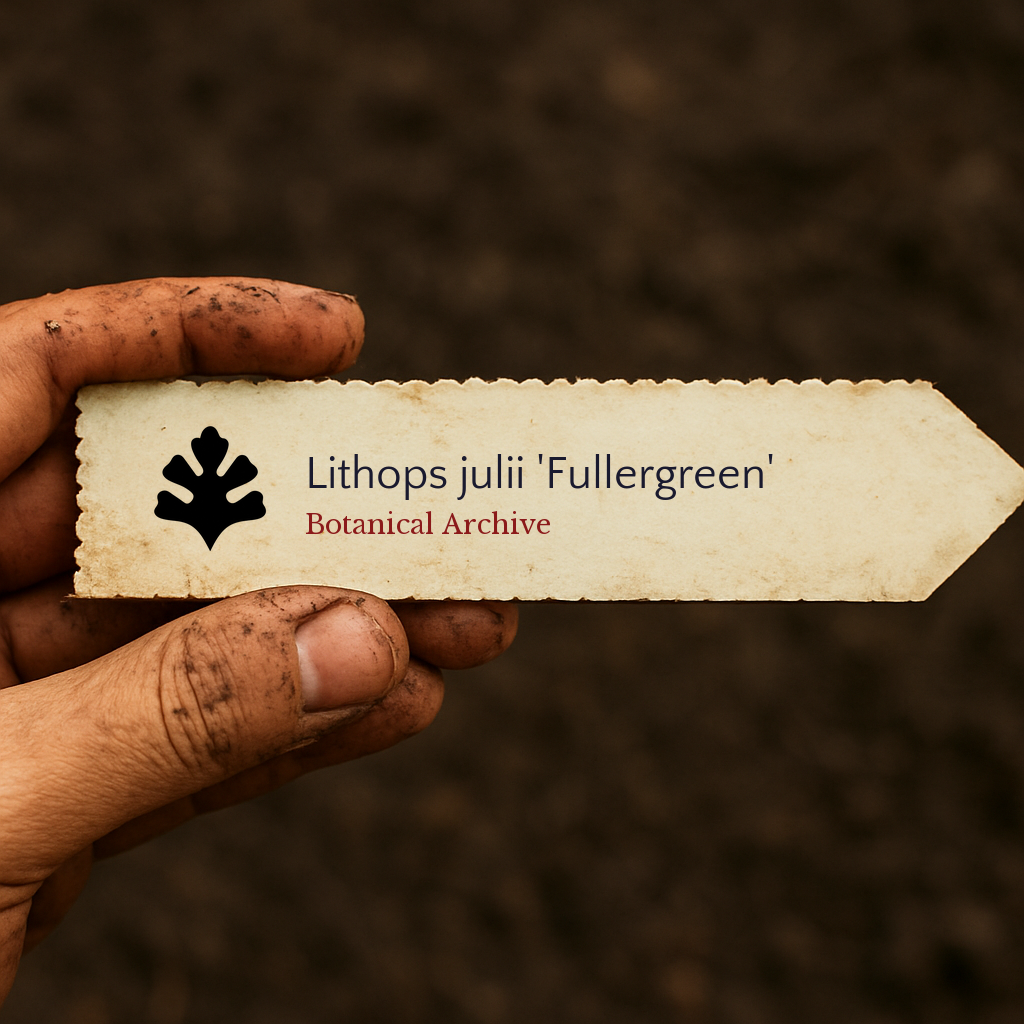 Printed plant label for Lithops julii 'Fullergreen' held by dirty hand against soil background