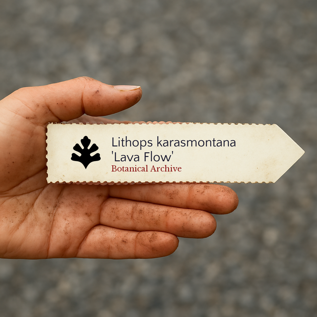 Printed plant label for Lithops karasmontana 'Lava Flow' held in dirty hand outdoors