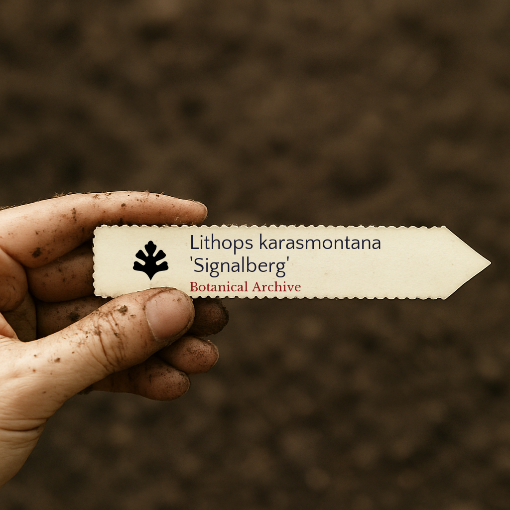 Printed plant label for Lithops karasmontana 'Signalberg' held over soil background