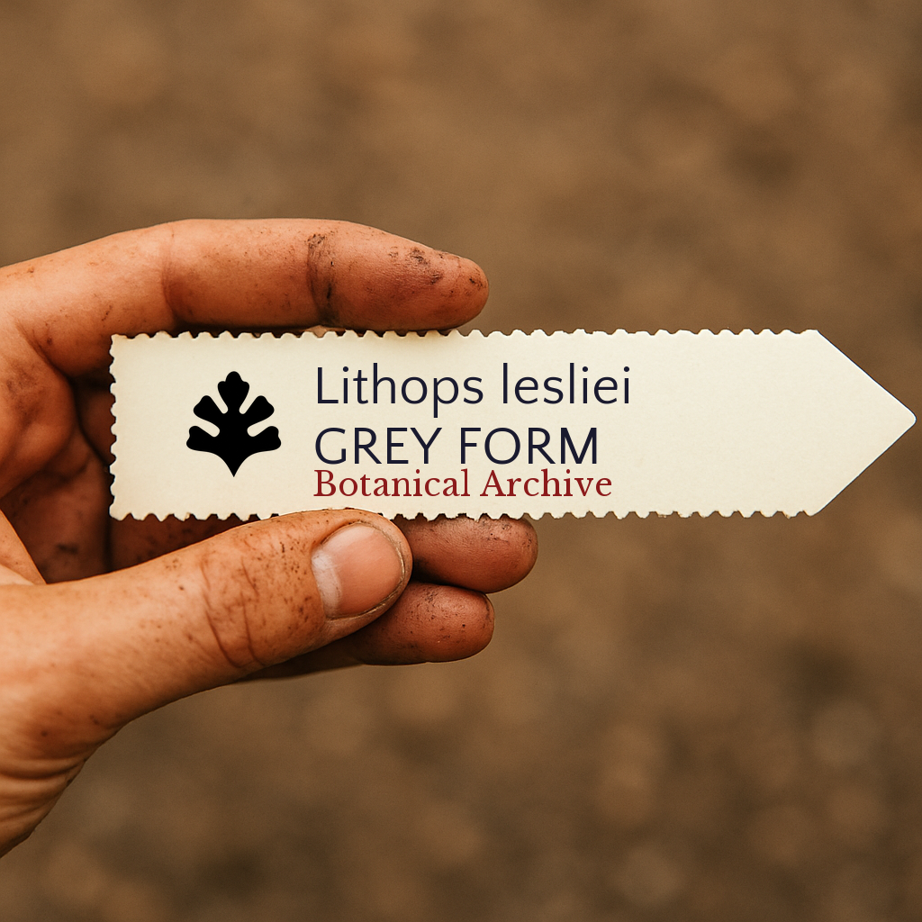 Printed plant label for Lithops lesliei held by dirty hand against blurred background