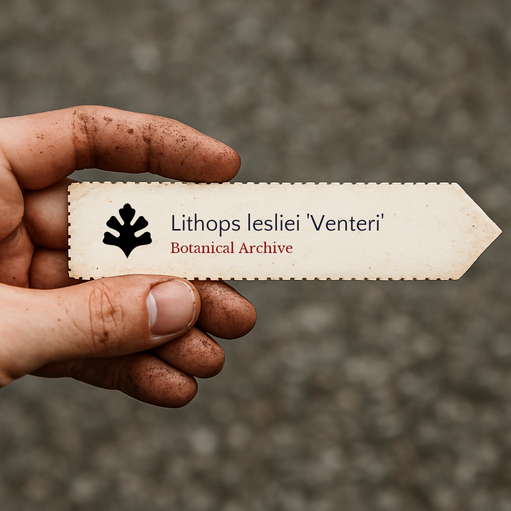 Printed plant label for Lithops lesliei 'Venteri' held by hand with dirt on fingers