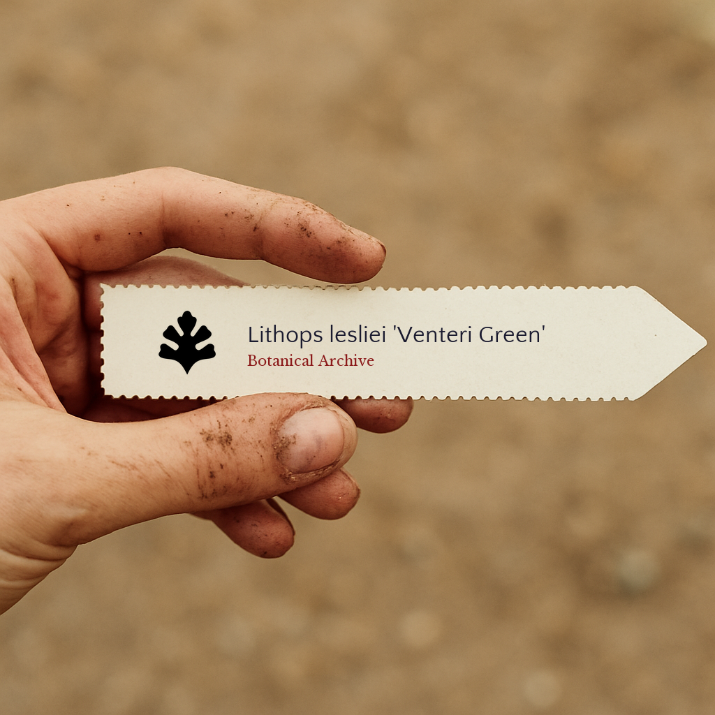 Printed plant label for Lithops lesliei 'Venteri Green' held by dirty hand outdoors