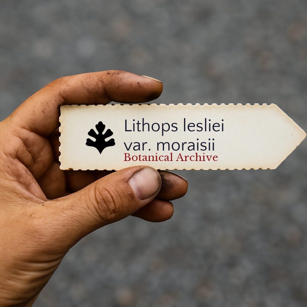 Printed plant label for Lithops lesliei var. moraisii held by hand with dirt background