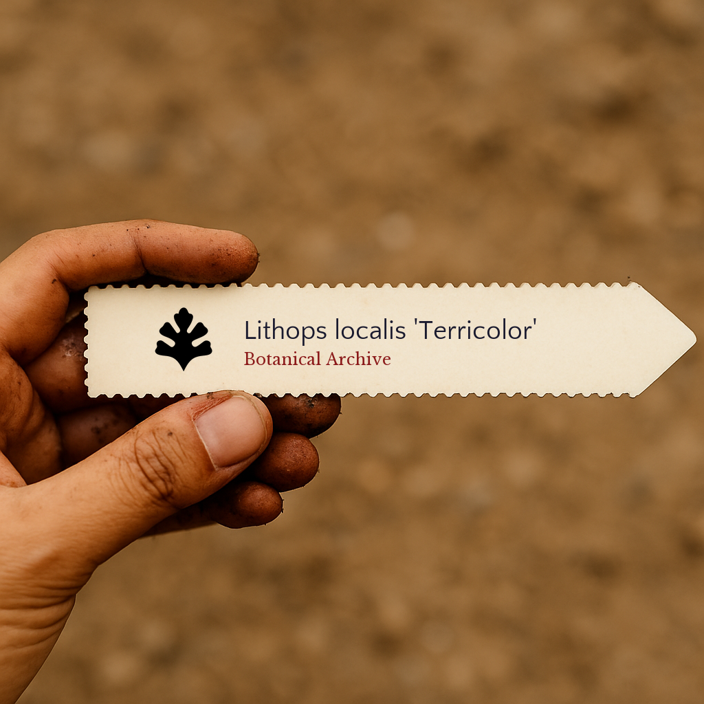 Printed plant label for Lithops localis 'Terricolor' held by hand with soil background