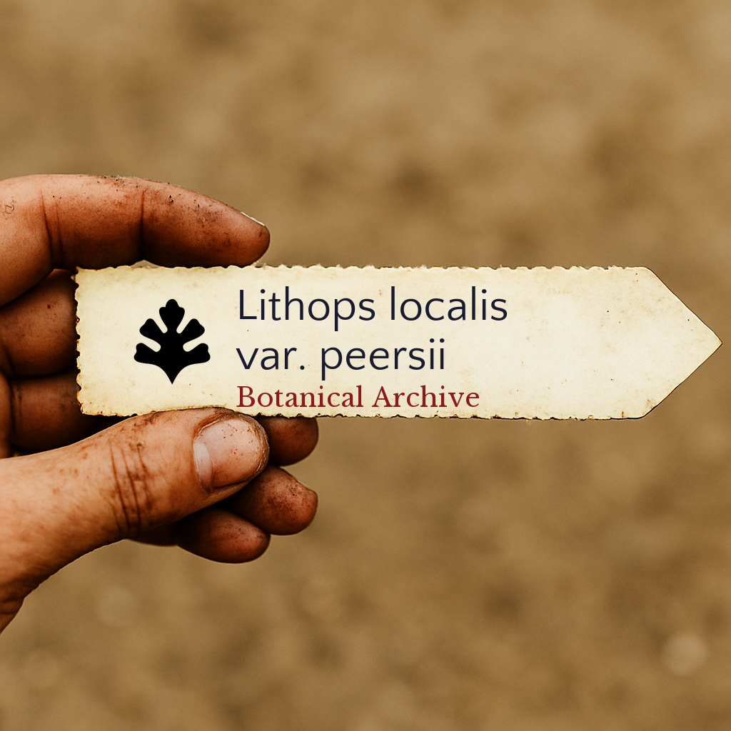 Etichetta stampata per pianta Lithops localis var. peersii tenuta a mano con sfondo di terra