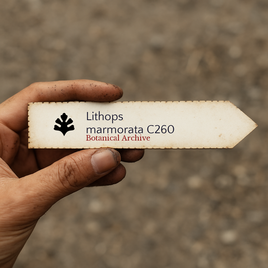 Etichetta stampata per pianta Lithops marmorata C260 tenuta in mano con sfondo di terra