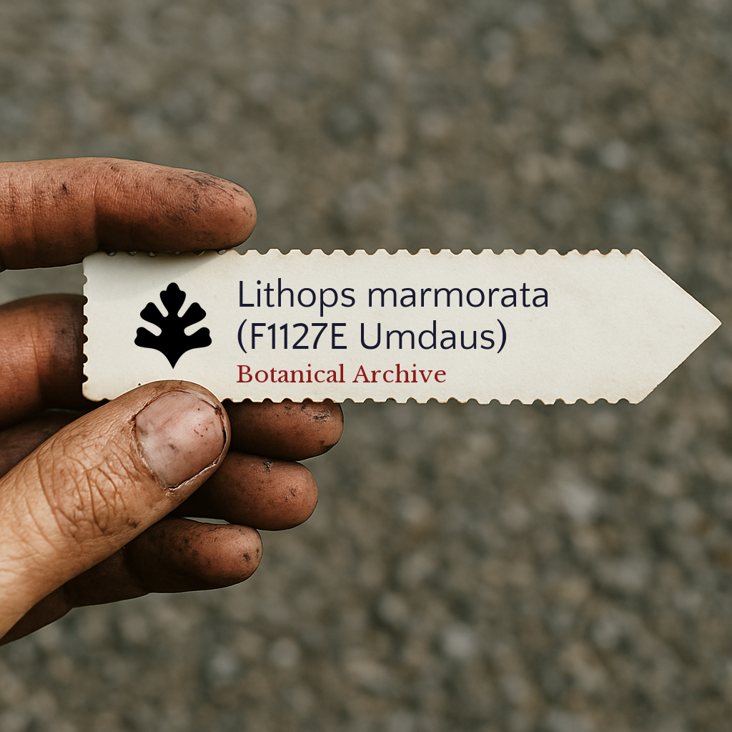 Printed plant label for Lithops marmorata held by hand with dirt background
