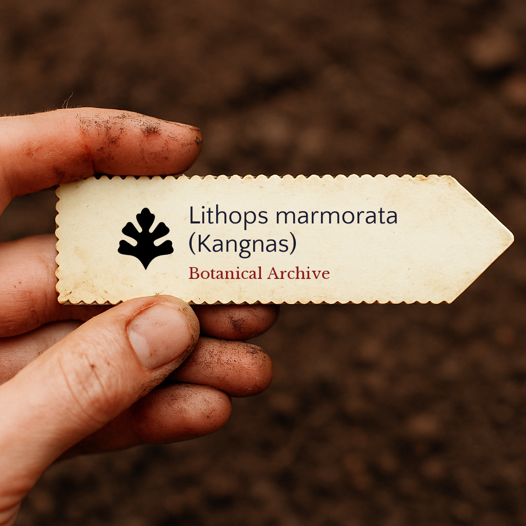 Printed plant label for Lithops marmorata (Kangnas) held over soil background