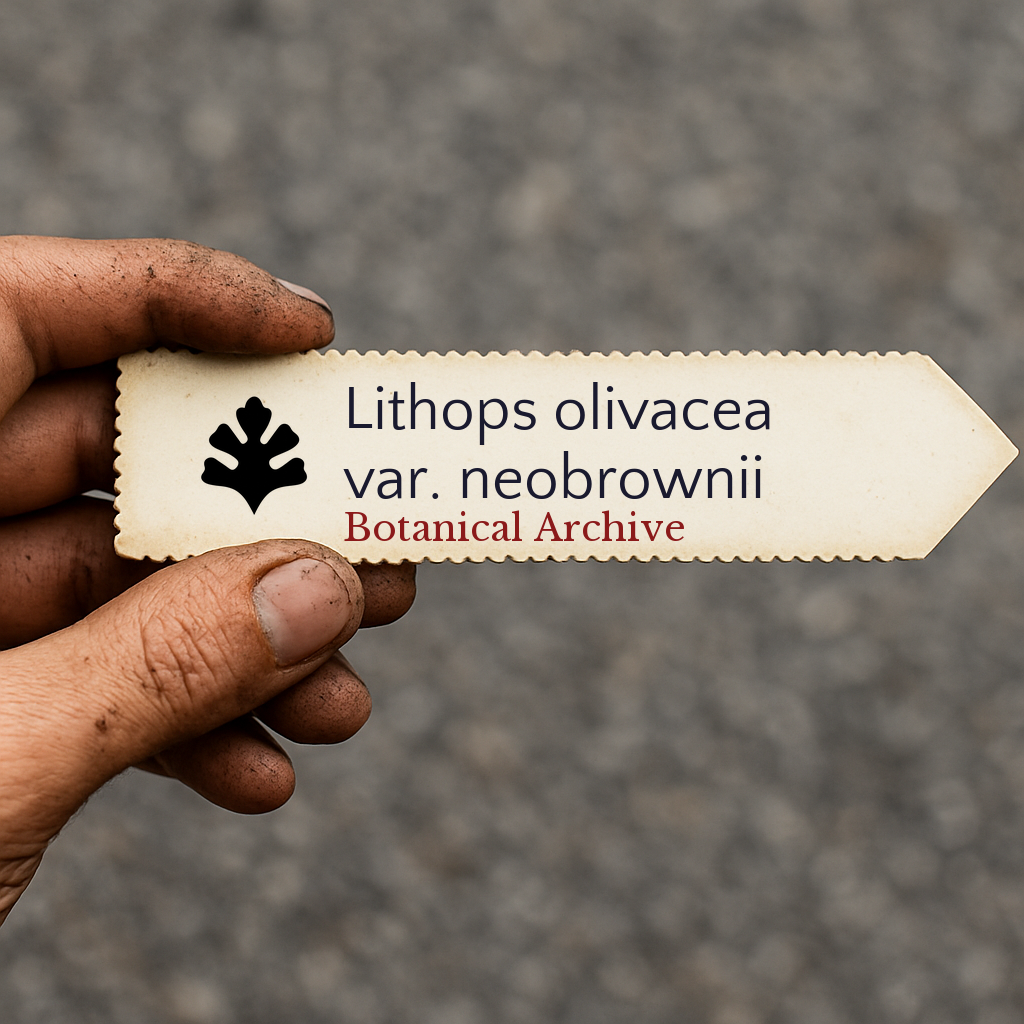 Etichetta stampata per pianta Lithops olivacea var. neobrownii tenuta a mano con terra sulle dita