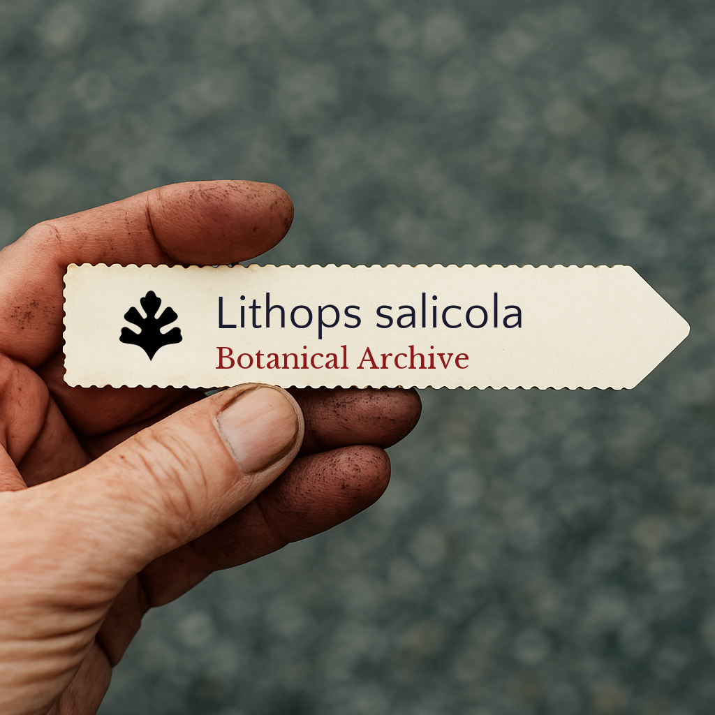 Printed plant label for Lithops salicola held by dirty hand outdoors