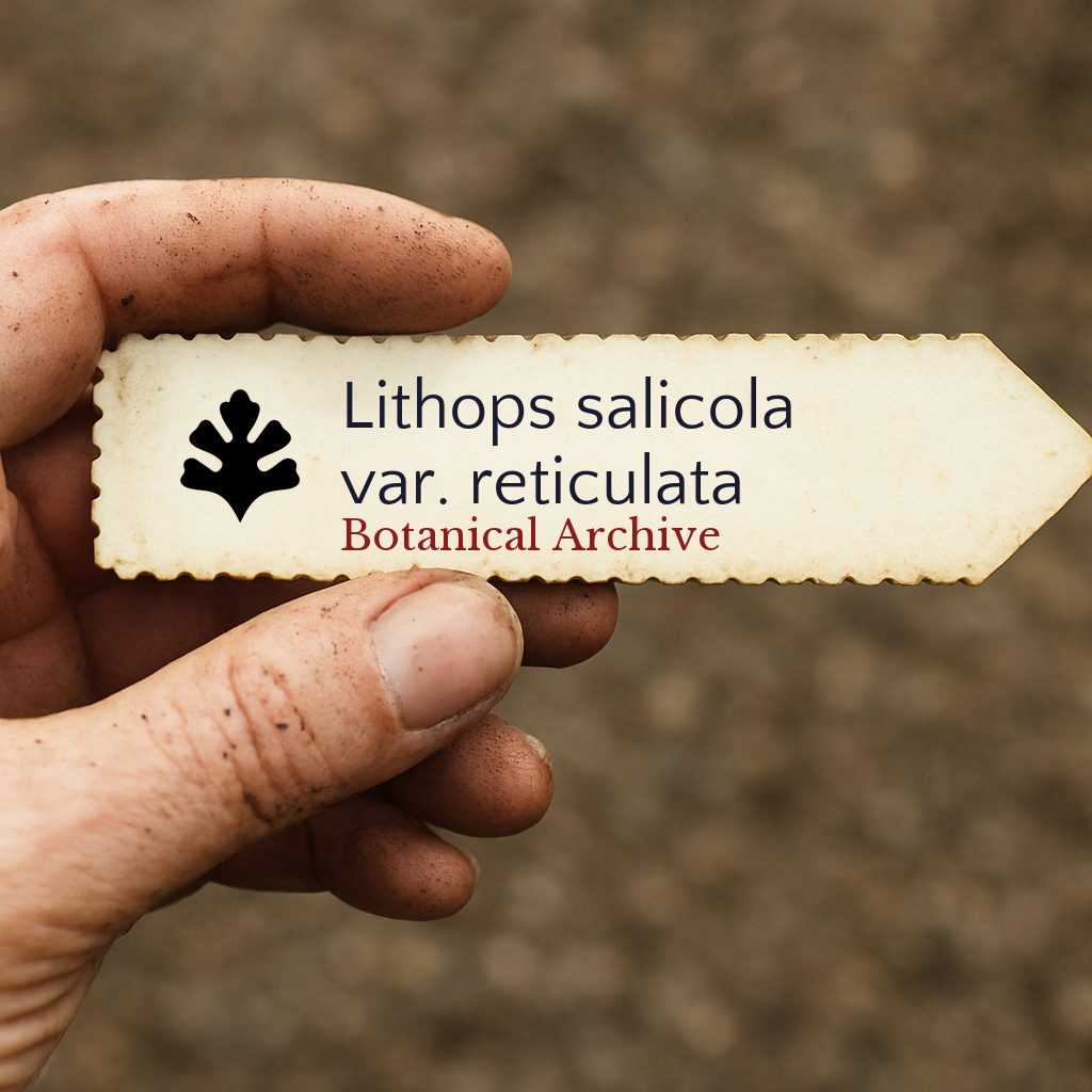 Printed plant label for Lithops salicola var. reticulata held by hand with soil background