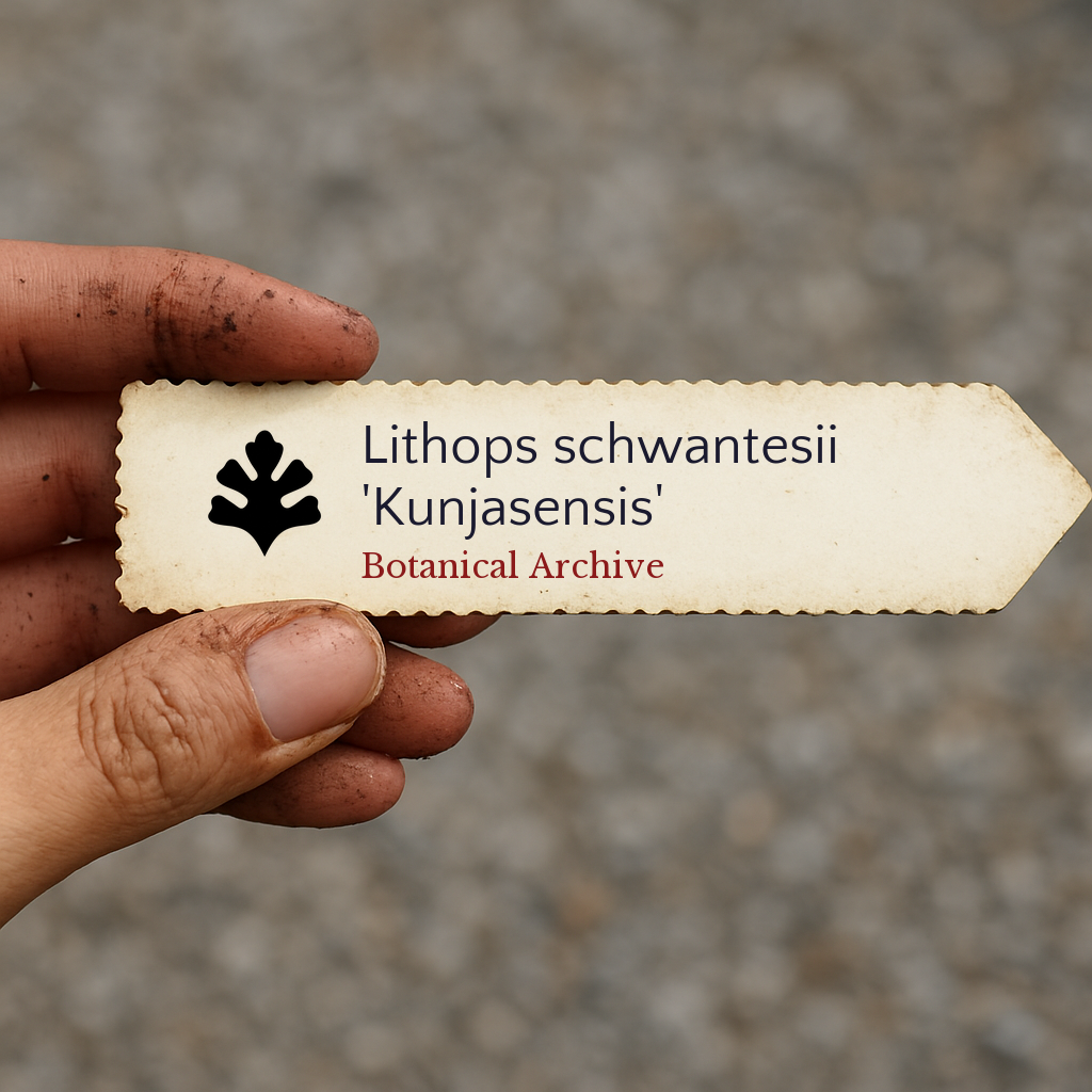 Etichetta plantare stampata per Lithops schwantesii 'Kunjasensis' tenuta da una mano sporca all'aperto