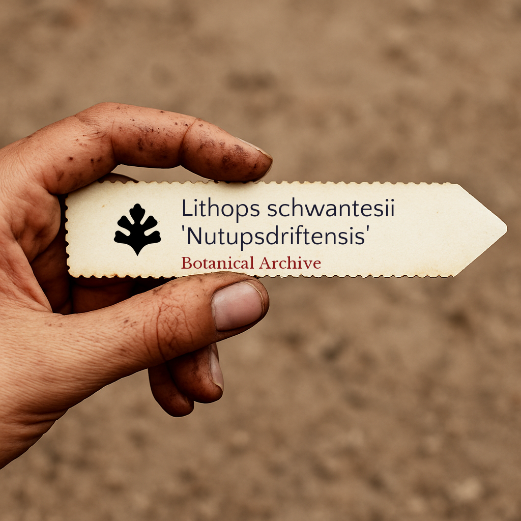 Etichetta della pianta stampata per Lithops schwantesii 'Nutupsdriftensis' tenuta in mano con sfondo di terra