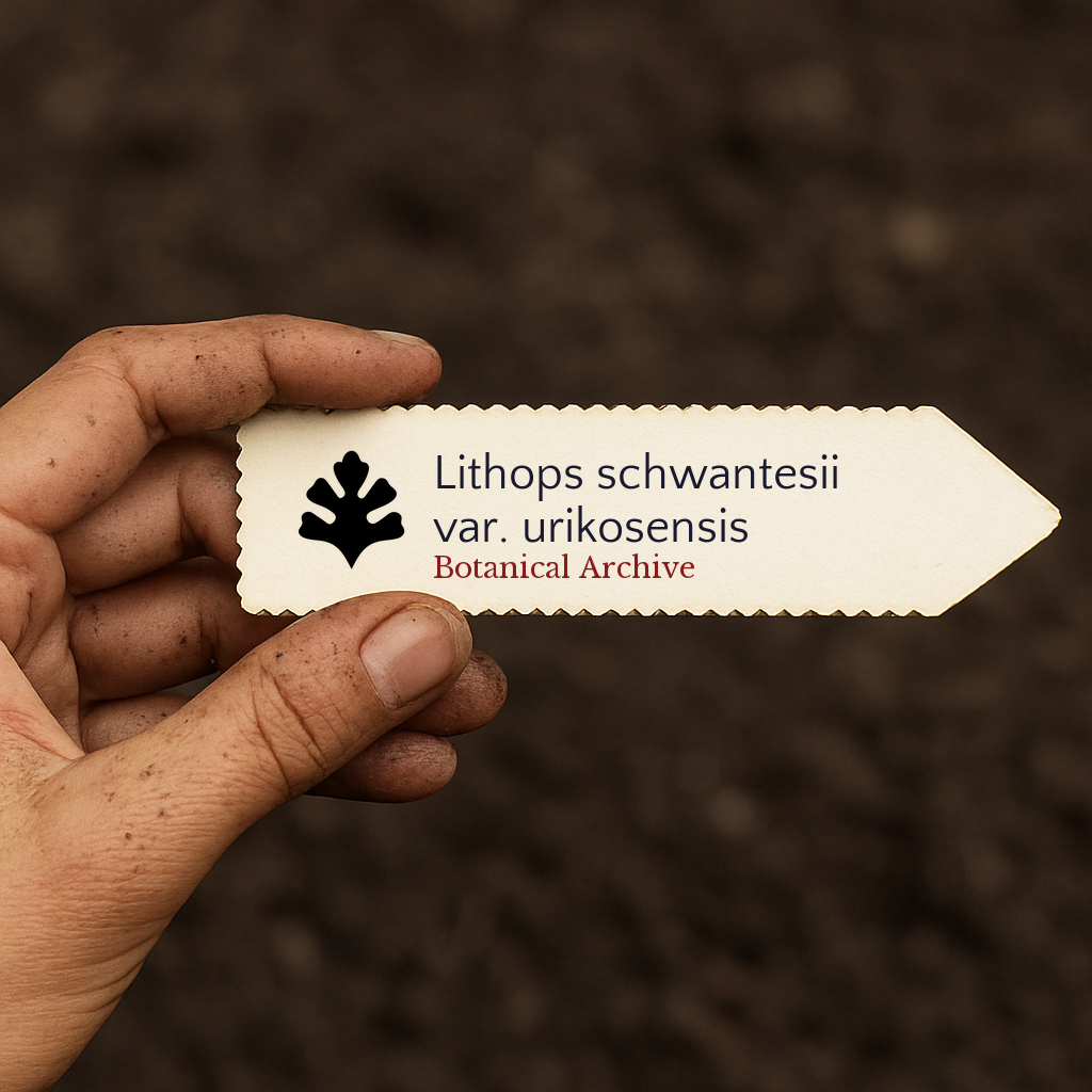 Printed plant label for Lithops schwantesii var. urikosensis held over soil background