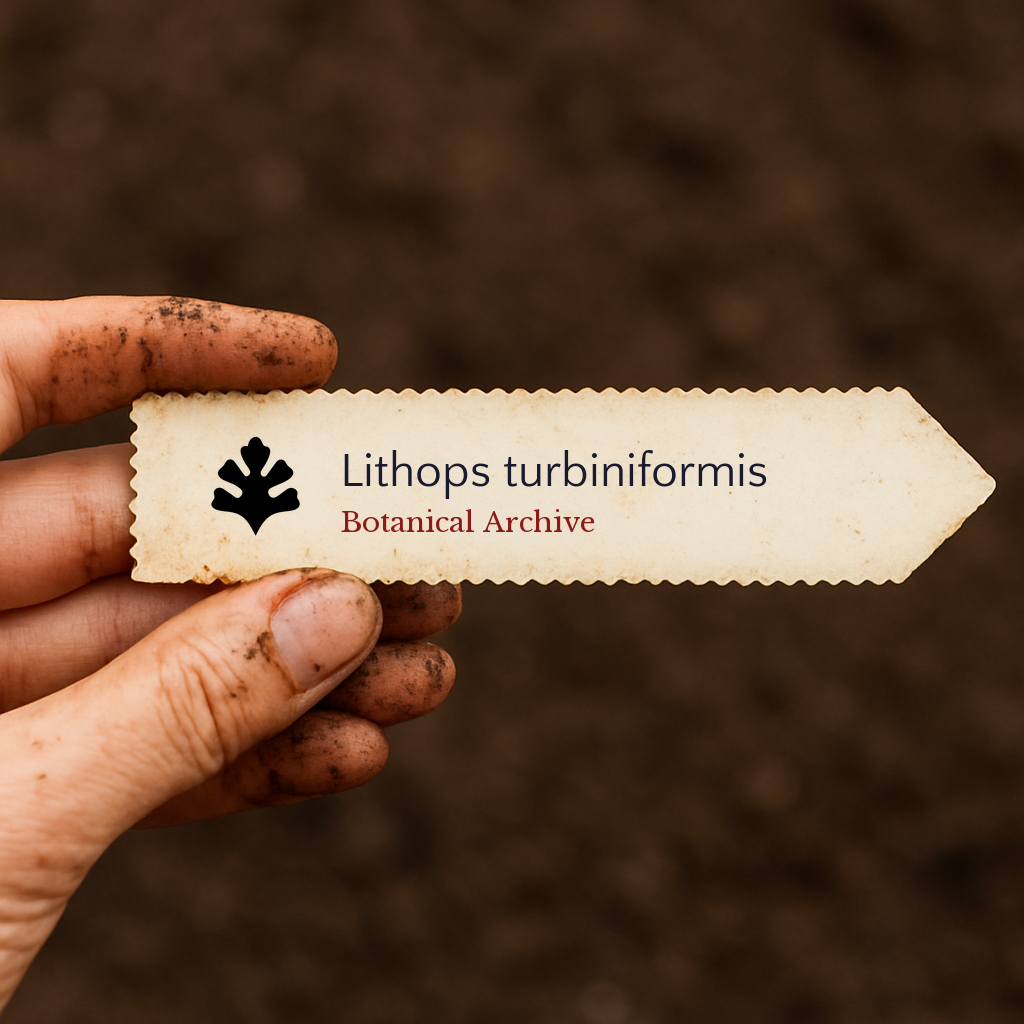 Etichetta da pianta stampata per Lithops turbiniformis tenuta da una mano sporca su sfondo di terreno