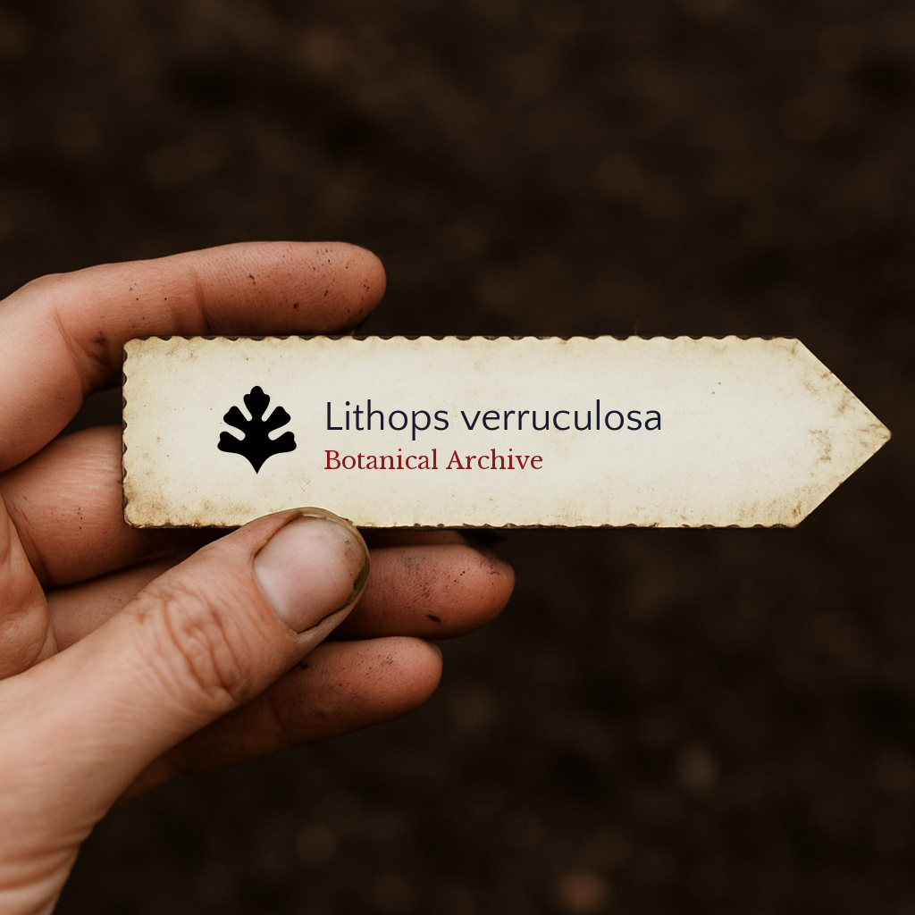 Printed plant label for Lithops verruculosa held by hand over soil background