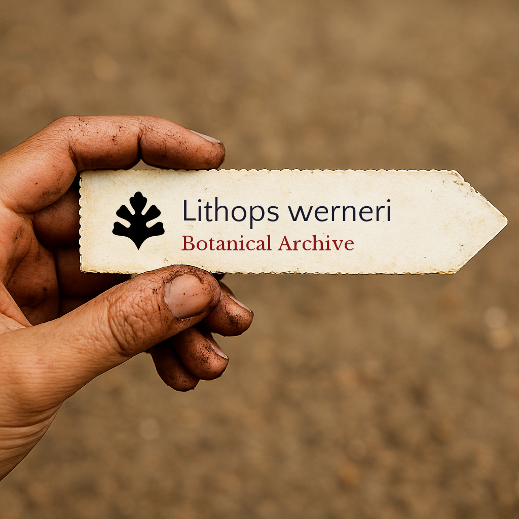 Printed plant label for Lithops werneri held by dirty hand on blurred soil background