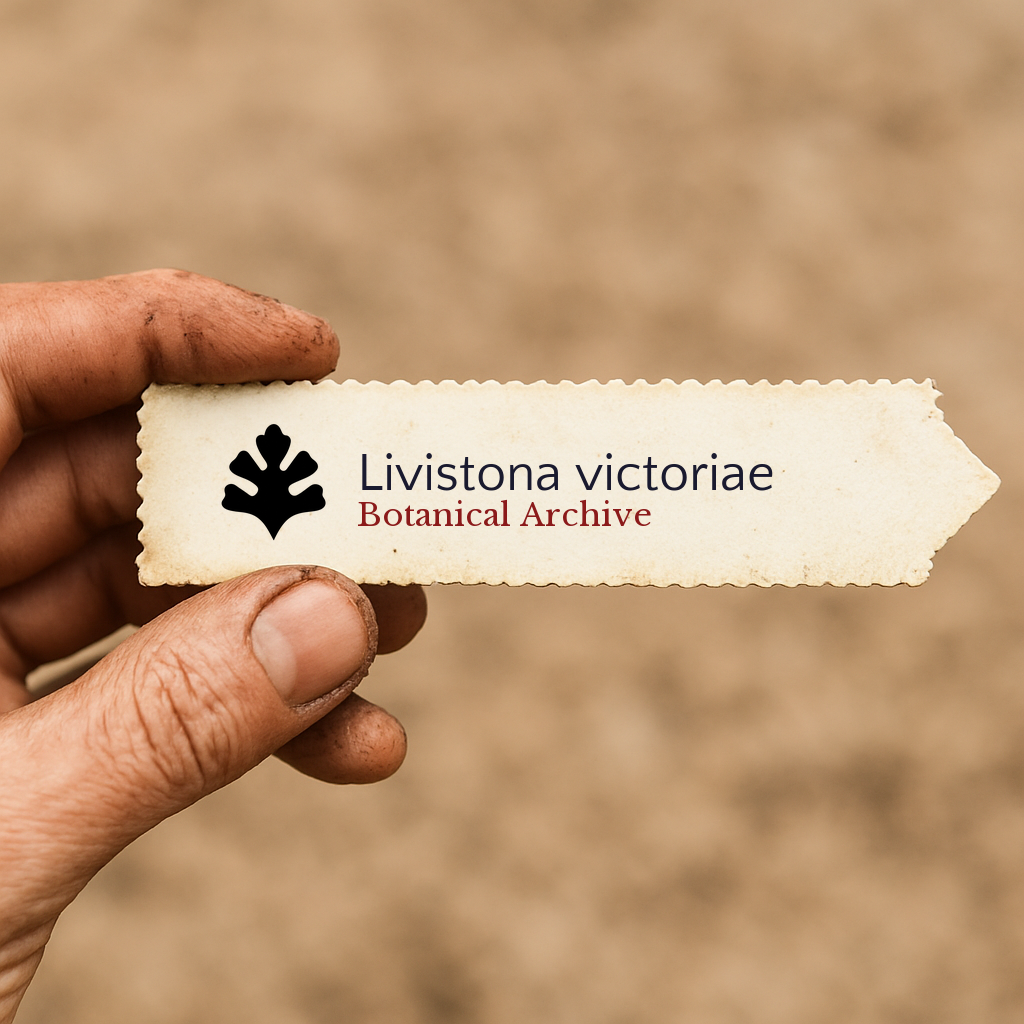Etichetta per pianta stampata per Livistona victoriae tenuta a mano con sfondo di terra
