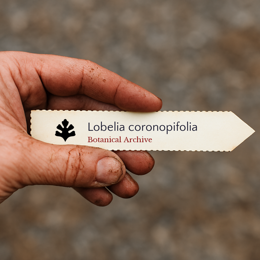 Printed plant label for Lobelia coronopifolia held by hand with soil-stained fingers