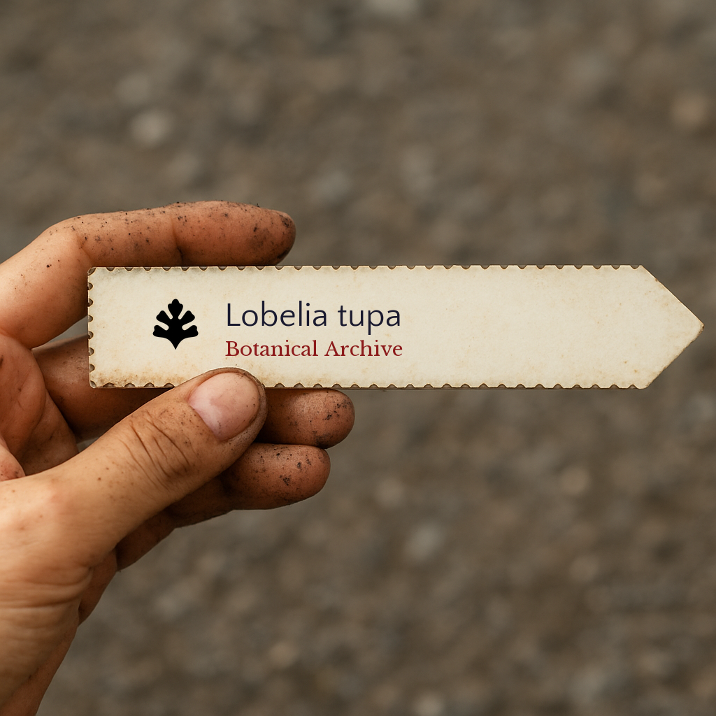 Etichetta per pianta stampata di Lobelia tupa tenuta da mano sporca all'aperto