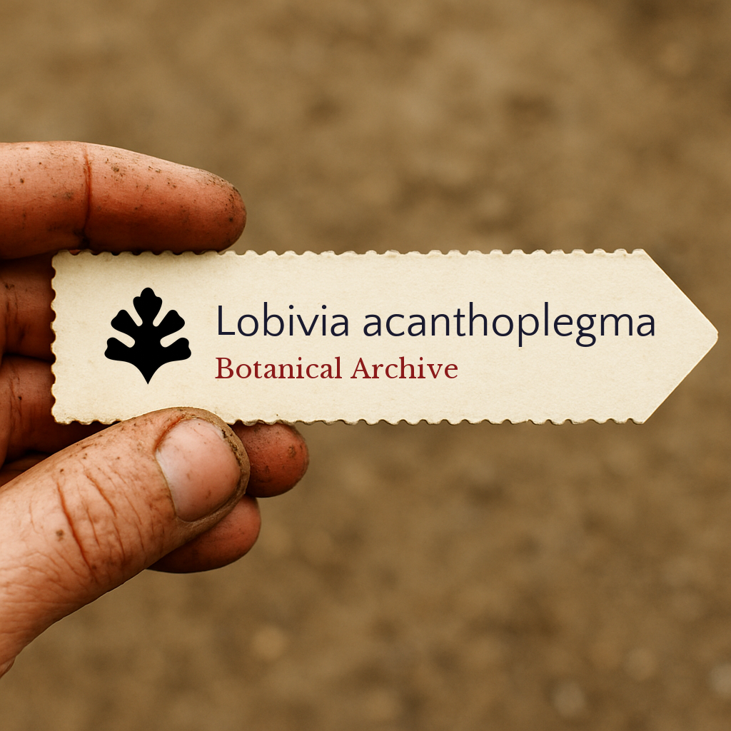 Printed plant label for Lobivia acanthoplegma held by dirty hand on blurred background