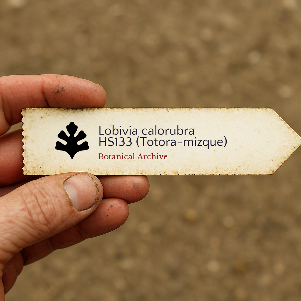 Printed plant label for Lobivia calorubra held by hand with dirt background