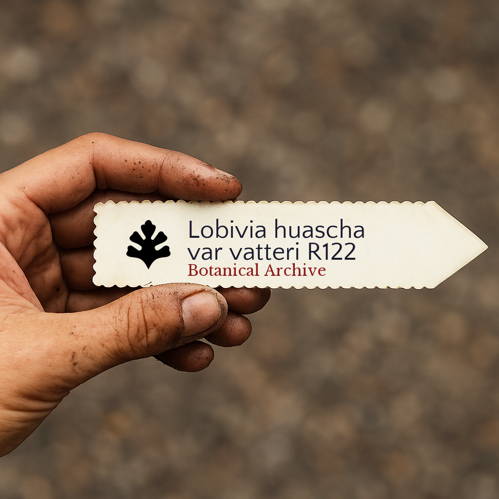 Printed plant label for Lobivia huascha var vatteri with botanical archive logo held by hand