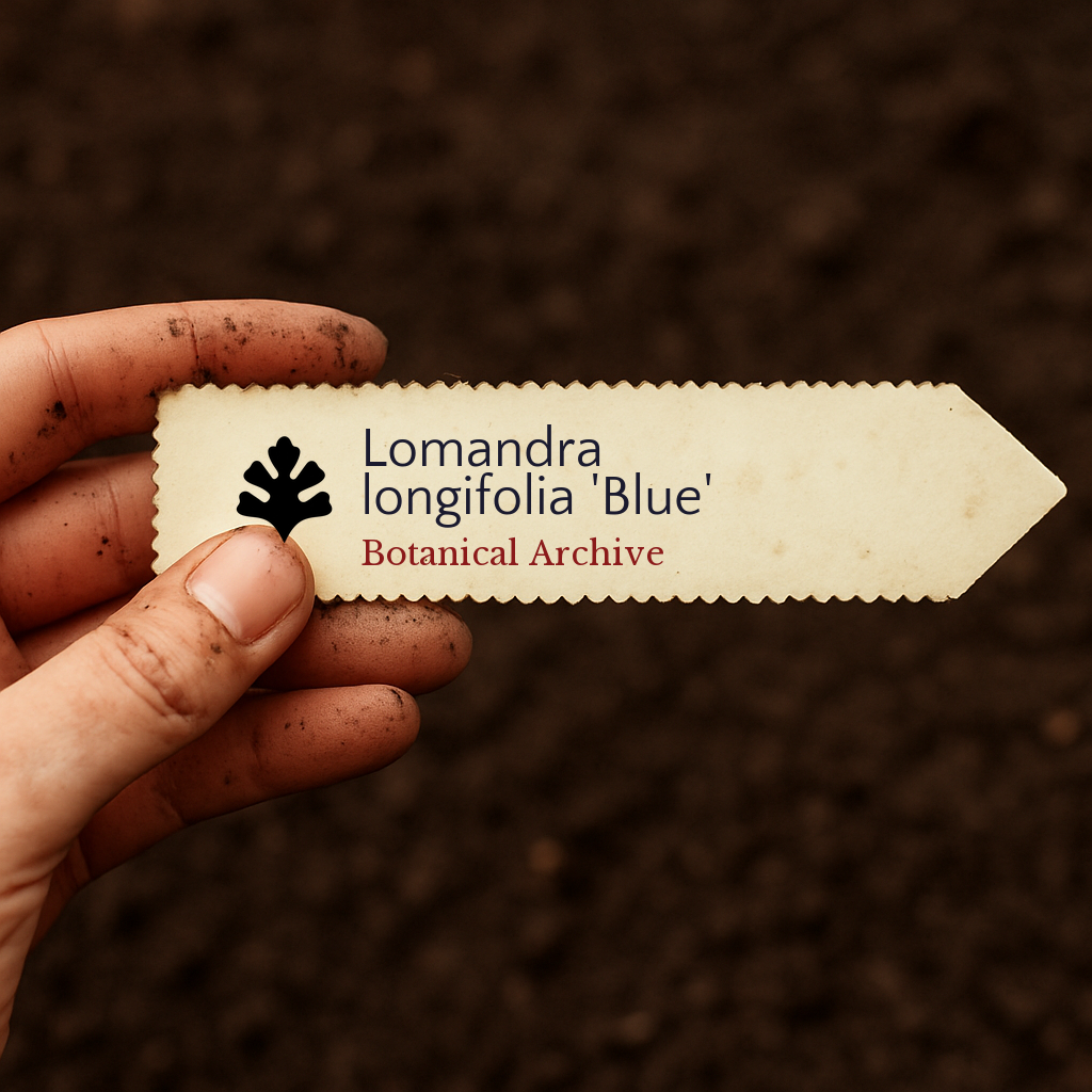 Etichetta per piante stampata per Lomandra longifolia 'Blue' su sfondo di terra