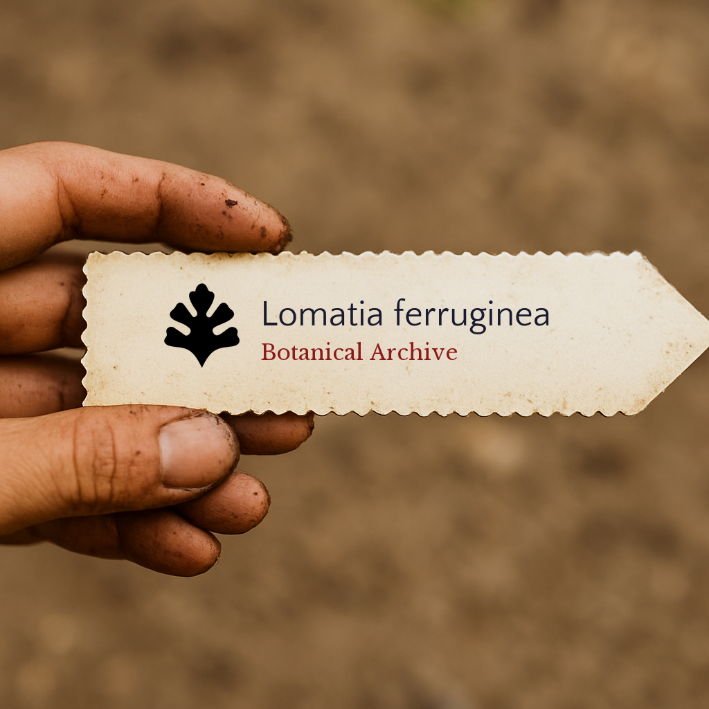 Etichetta per pianta stampata di Lomatia ferruginea con logo Botanical Archive tenuta da una mano sporca