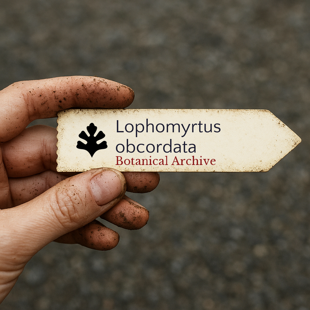 Printed plant label for Lophomyrtus obcordata held by dirty hand outdoors
